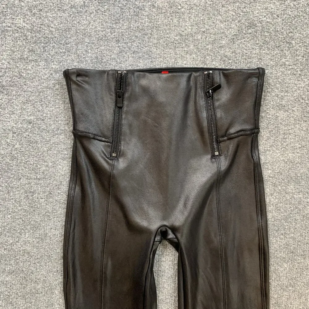 Spanx Leggings Women S Small Black Hip-Zip Faux Leather Coated Paneled Stitching